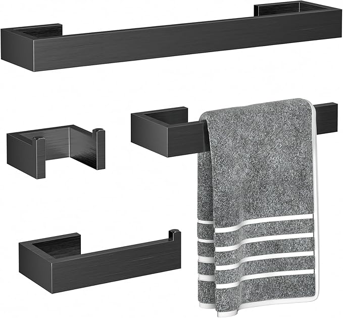 4 Pcs SUS304 Stainless Steel Bathroom Accessories Set, 24" Towel Bar, Towel Holder, Toilet Paper Holder, Robe Hook, Minimalist Design for All Styles Bathrooms (Brushed Black)
