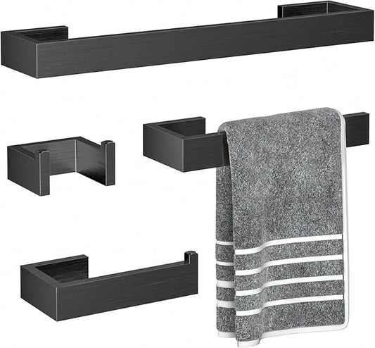 4 Pcs SUS304 Stainless Steel Bathroom Accessories Set, 24" Towel Bar, Towel Holder, Toilet Paper Holder, Robe Hook, Minimalist Design for All Styles Bathrooms (Brushed Black)