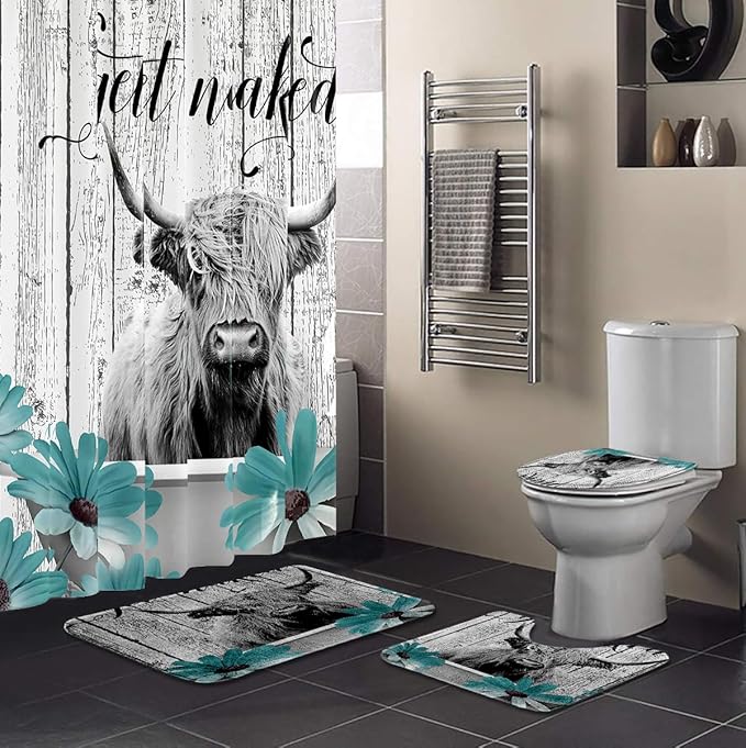 4 Pcs Farmhouse Cow Shower Curtain Sets with Rugs Wooden Bathroom Set Rustic Teal Flowers Home Bath Bathtub Decor for Bathroom 72 x 72 Inch