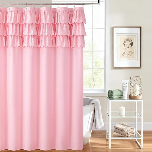 Pink Ruffle Shower Curtain with Small Holes, Girls Women Fabric Shower Curtain with Delicate Handcrafted Ruffles, Waterproof Ruched Farmhouse Decorative Bathroom Curtain, 72" W x 72" H