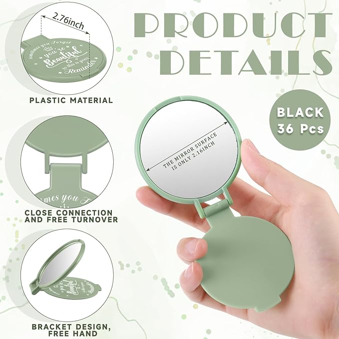 36 Pcs 2.76 Inch Inspirational Compact Mirror Bulk Women Small Gifts Graduation Party Favors Purse Mirror Pocket Mini Stuffer Items for Adult Coworker Cheerleader Employee (Sage Green)