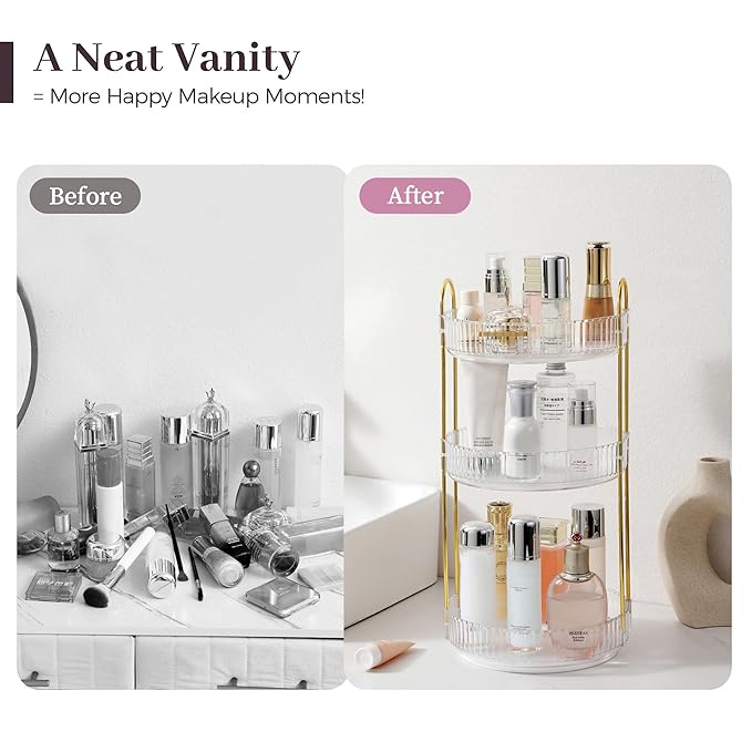 Aveniee Rotating Makeup Organizer – Clear Spinning Perfume & Skincare Cosmetic Storage, Three-tier Large Make Up Holder for Vanity, Bathroom Countertop or Dresser, White