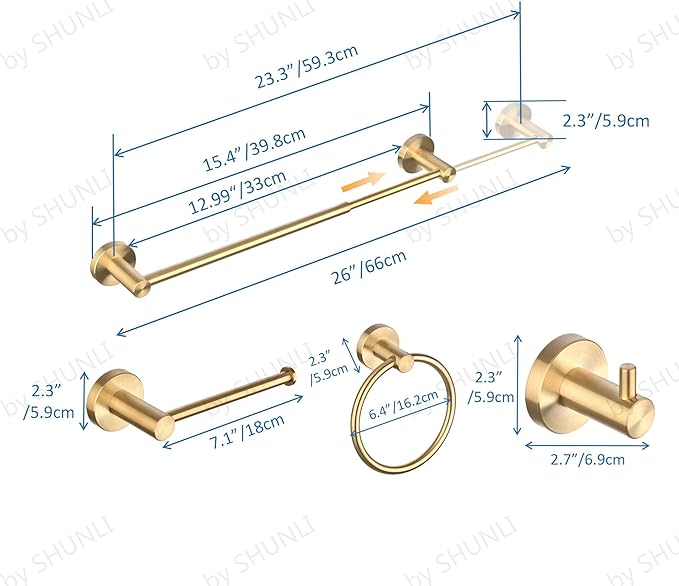 SHUNLI 5 Pieces Bathroom Accessories Hardware Set (Adjustable Towel Bar 16 to 26 Inch, Toilet Paper Holder, Towel Ring, 2PCS Hook) Brushed Gold Wall Mounted Bath Fixtures Set, SUS304 Stainless Steel