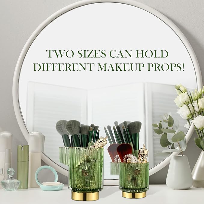 Wesiti 4 Pcs Makeup Brush Holders Organize Glass Makeup Holder Vintage Cosmetic Makeup Storage Holder, Retro Striped Make up Brush Cup for Lipstick (Dark Green)