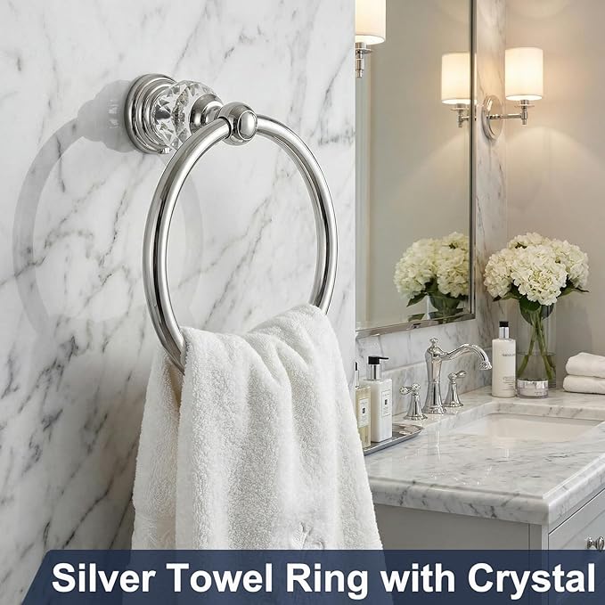 Silver Towel Ring with Crystal, Round Hand Towel Holders for Bathrooms, Stainless Steel Hand Towel Rack Wall Mounted for Luxury Modern Bathroom, Kitchen, Hotel