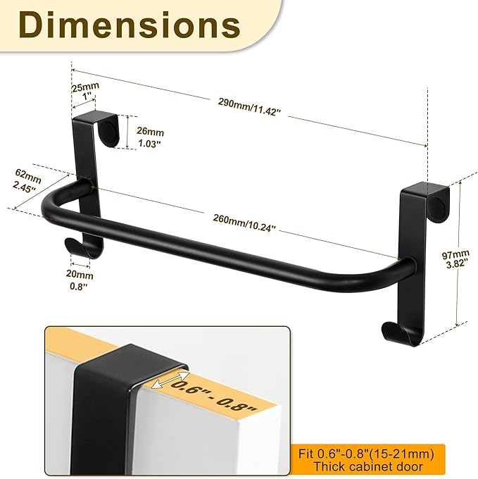 SAYAYO Over Cabinet Towel Bar Black, 10 Inch Kitchen Towel Holder with 2 Hooks, Over The Cupboard Door Dish Towel Rack, 2 Pcs (11.5 Inch Total Length)