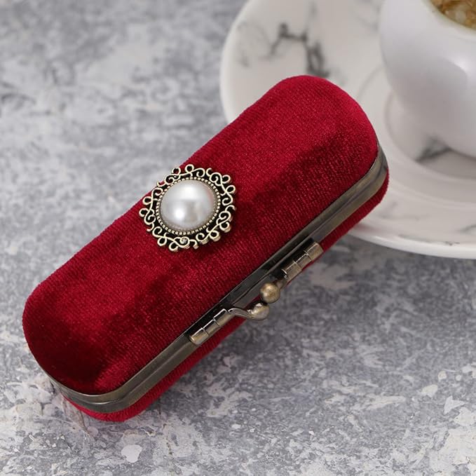 Alipis Retro Velvet Lipstick Organizer Box with Mirror Compact Cosmetic Storage Case Portable Lip Balm Holder 3.93X1.37X0.98 Inches Vintage Makeup Organizer for Travel and Daily Use