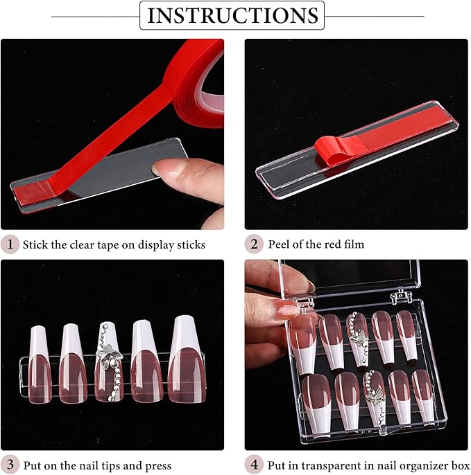 Noverlife 10PCS Press On Nail Storage Box, 2.6x2.6 inch / 6.5x6.5cm Clear Empty Plastic Nail Tips Storage Box with Arcylic Nail Display Sticks, Nail Glue Double Sided Tape for Press on False Nail