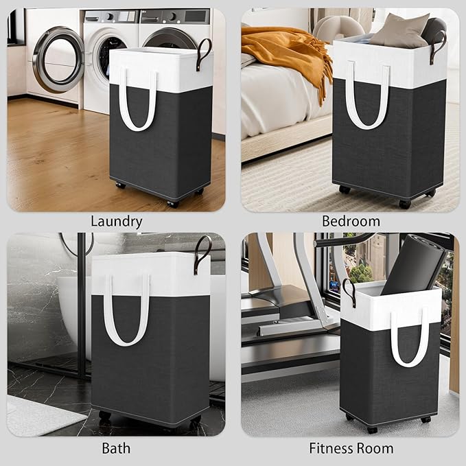 HomeHacks Laundry Basket with Wheels, Rolling Laundry Hamper, Collapsible & Waterproof Clothes Hamper, Narrow Corner Bins with Extended Handles in the Family & Dorm 90L(Grey)