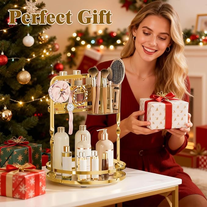 360 Rotating Makeup Organizer, Gold Perfume Organizer, 2 Tier Bathroom Counter Organizer, Multi-Function Spinning Skincare Storage, Cosmetic Display Case with Brush Holder for Vanity Dresser