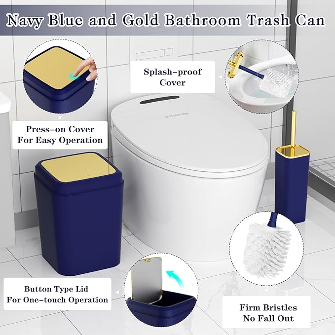 XLHOMO Bathroom Accessories Set - Luxury Blue Bathroom Set, 9 Pieces Bathroom Accessory Set, Navy Blue Bathroom Accessories with Trash Can, Toilet Brush & Soap Dispenser