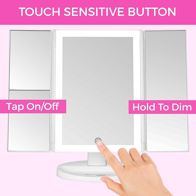 Luvly Trifold Vanity Mirror with LED Lights | Touch Screen Dimming - 1x 2X 3X Magnification - Portable Makeup Mirror