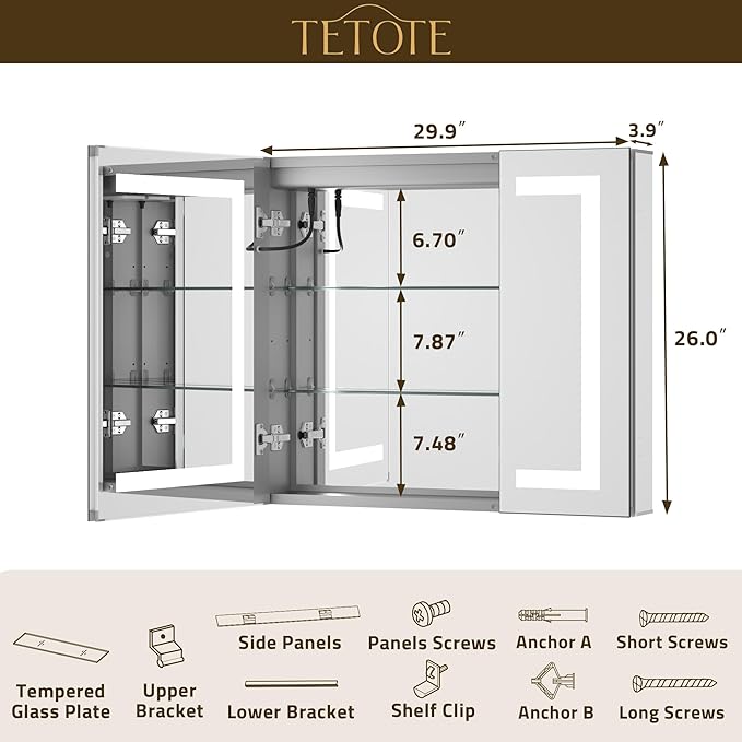 TETOTE LED Lighted Medicine Cabinet with Lights 30 x 26 Recessed or Surface Mount Cabinet Mirror for Bathroom Wall, 2 Door Tempered Glass Led Vanity Cabinet, Outlets & USB, 3-Color Dimming, Anti-Fog