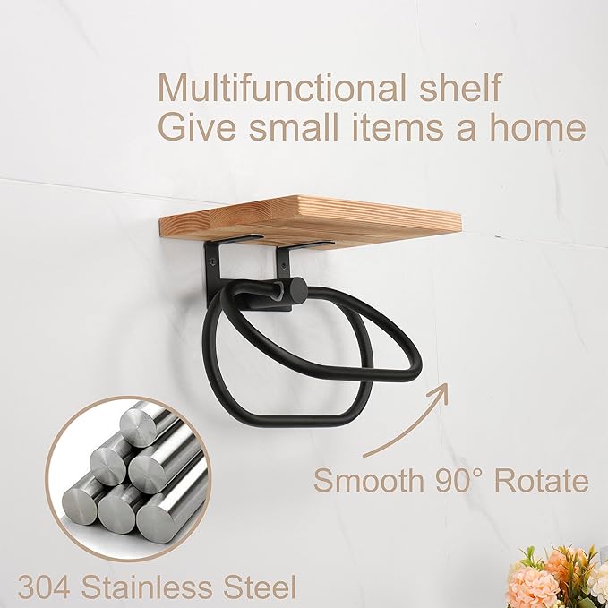 TocTen Hand Towel Holder for Bathroom Wall Mount Towel Ring with Wooden Shelf, Premium Metal Hand Towel Rack, Bathroom Accessories Rustic Hand Towel Hanger for Bathroom Kitchen RV(Matte Black)