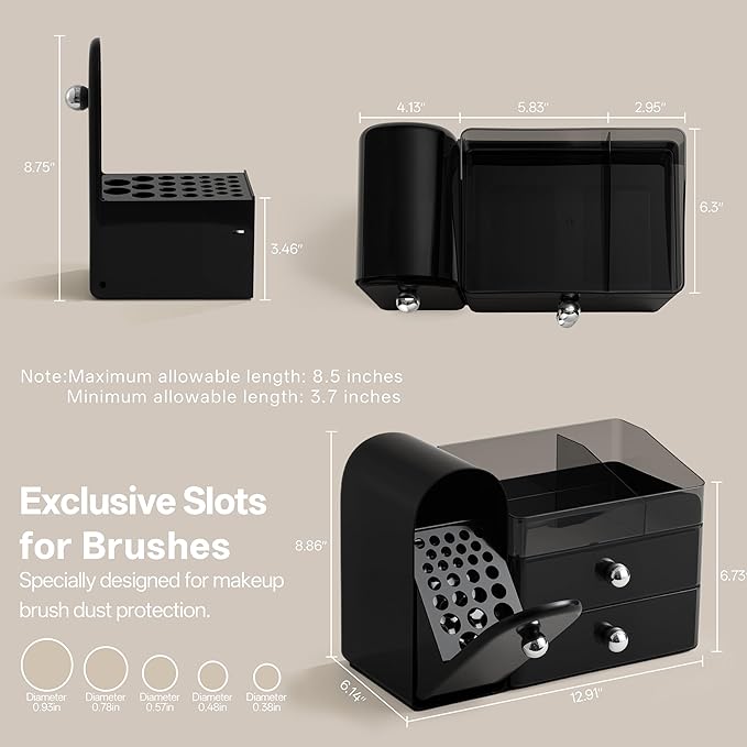 HBlife Makeup Organizer Countertop with Drawers, Vanity Organizers with Brush Holder, Bathroom Counter Organizer for Perfume, Nail Polishes, Lipsticks, Skincare and Eyeshadow Palettes