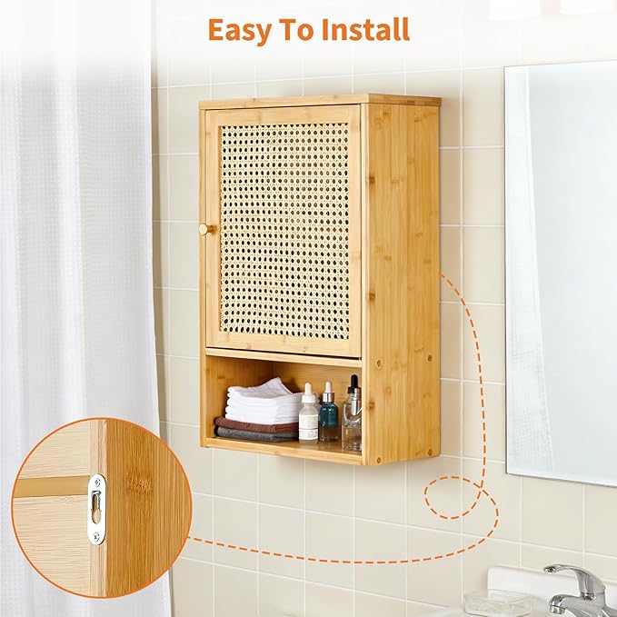 Bathroom Wall Cabinet, Bamboo Medicine Cabinet with Rattan Doors, Adjustable Shelf, Wall Mounted Storage Cabinet for Bathroom, Kitchen, Laundry Room Natural