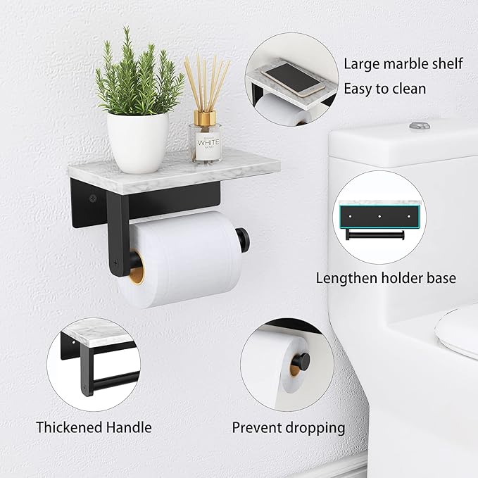 Gypie Marble Toilet Paper Holder with Shelf, 304 Stainless Steel Screw Wall Mounted, Tissue Roll Holder for Bathroom Washroom Matte Black