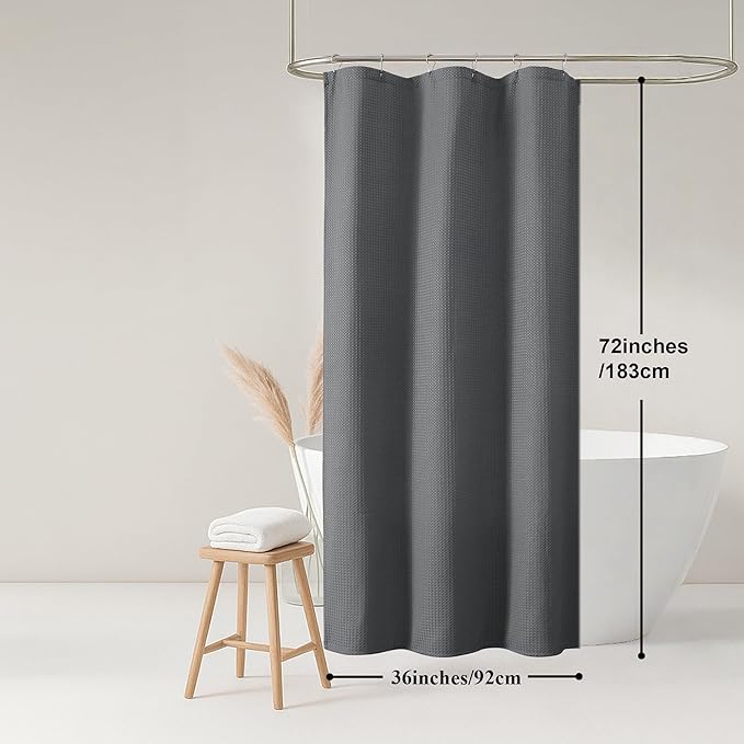 OWENIE Grey Shower Curtain, Stall Small Waffle Weave Heavy Fabric Shower Curtains for Narrow Size Bathroom, Waterproof Soft Hotel Spa Luxury Bath Curtain Set, Machine Washable, Grey, 36x72 Inch