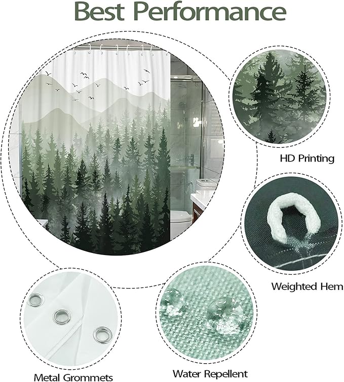 Accnicc 78 Inch Long Green Misty Forest Shower Curtain Ombre Sage Green White Mountain Pine Tree Waterproof Fabric Shower Curtains for Bathroom Nature Woodland Decorative Modern Bath Curtain Decor
