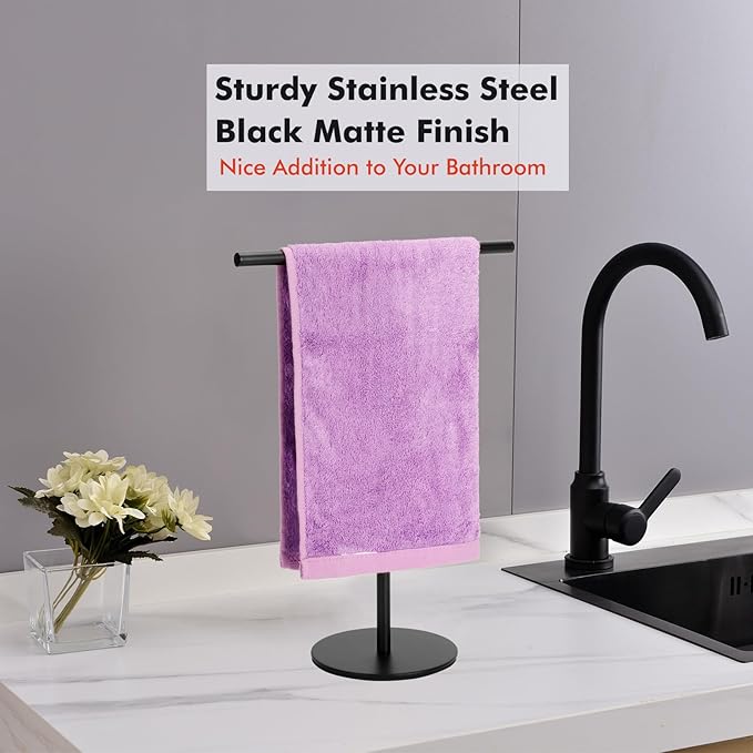 Exilon Black Hand Towel Holder Stand for Bathroom Vanity Countertop Stainless Steel T-Shape Freestanding Towel Rack Stand Towel Bar for Bathroom Kitchen (Black Matte)