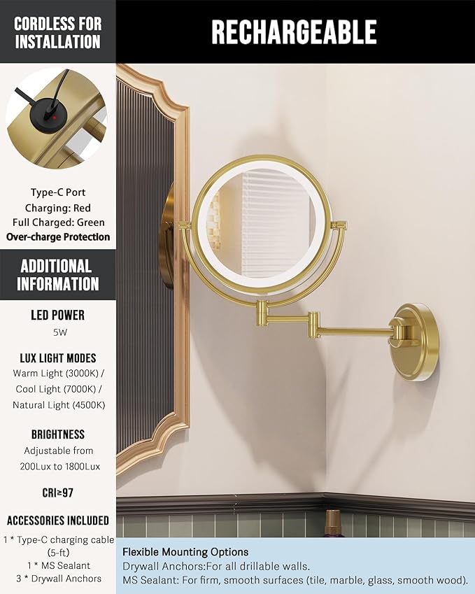 10" Large Lighted Makeup Mirror Wall Mounted, Rechargeable 1X/5X Double-Sided 3 Color Touch Dimmable Extended Swing Arm 360 Rotation Vanity Mirror for Bathroom, Brushed Moderne Brass