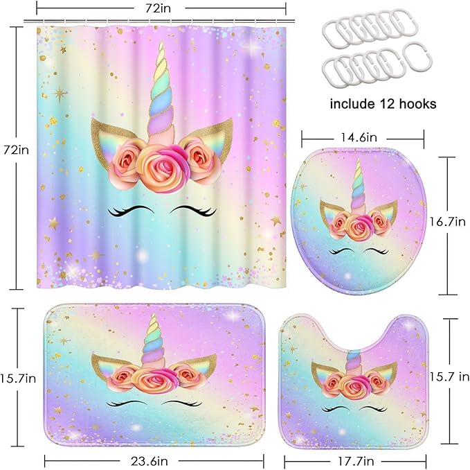 Arttown Pink Unicorn Rainbow Bathroom Set with Shower Curtain and Rugs and Accessories, Colorful Gradient Floral Shower Curtains, Modern Art Bathroom Decor 4 Pcs