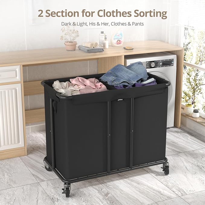 Hodonas Laundry Hamper with Wheels, 2-Section 230L (61Gal) Large Capacity, Heavy-Duty Rolling Clothes Basket with Silent Rubber Casters & Detachable Oxford Bags for Home, Black, 31.5"Lx15.75W"x30.7"H