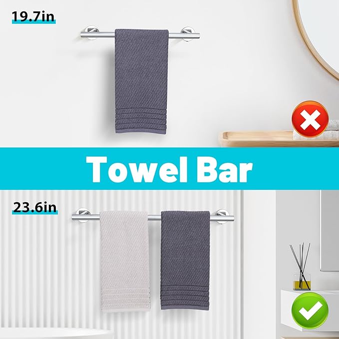 Chrome Bathroom Hardware Set, 6 Pieces Towel Bar Towel Holder Set Includes 19.68/23.6in Towel Bar, Toilet Paper Holder,Towel Ring and Towel Hook Wall Mount Bathroom Accessories Set