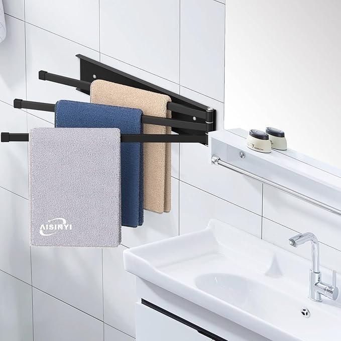 Swivel Towel Rack, 16 inch Extra Long Thickened Stainless Steel 3-Arm Towel Bar, Space Saving Wall Mounted Towel Holder, Rustproof Swing Out Towel Hanger for Bathroom, Kitchen (Matte Black)