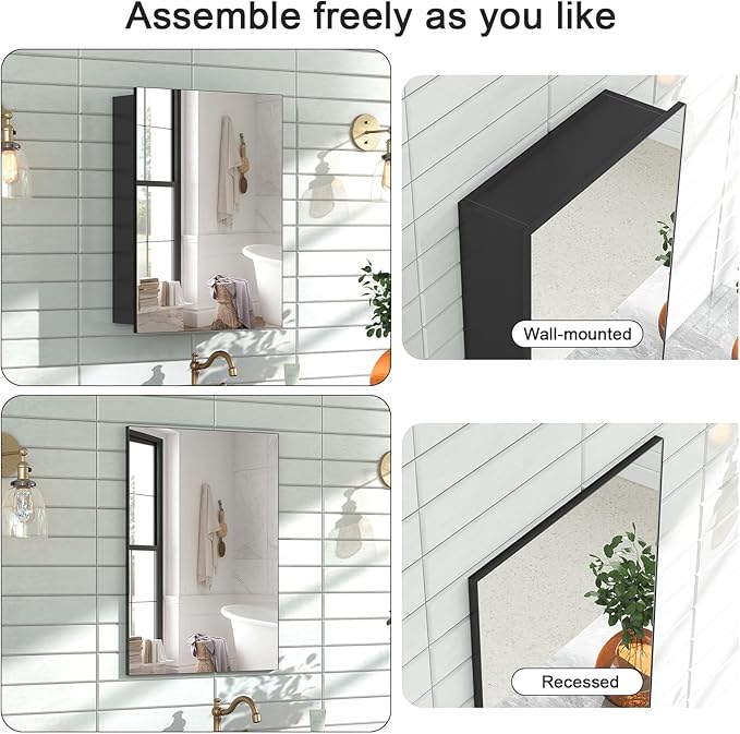 18x14 Inch Bathroom Medicine Cabinet with Mirror, Pre-Assembled Bathroom Medicine Cabinets, Surface/Recessed Wall Mounted Farmhouse Large Medicine Cabinet, Black