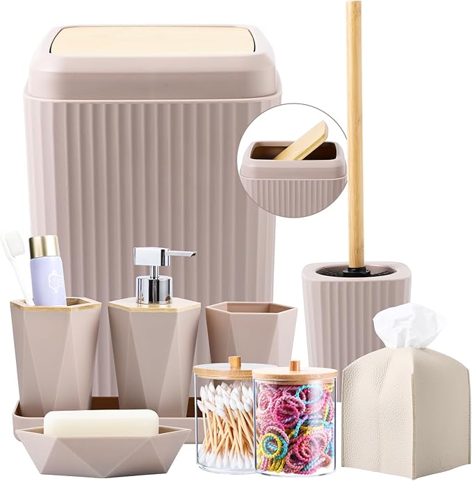 Beige Bathroom Accessories Set, 10 Pieces Bamboo Bathroom Set with Trash Can, Tray, Soap Dispenser, Soap Dish, Toothbrush Holder, Toothbrush Cup, Tissue Holder, Toilet Brush and Qtip Holders