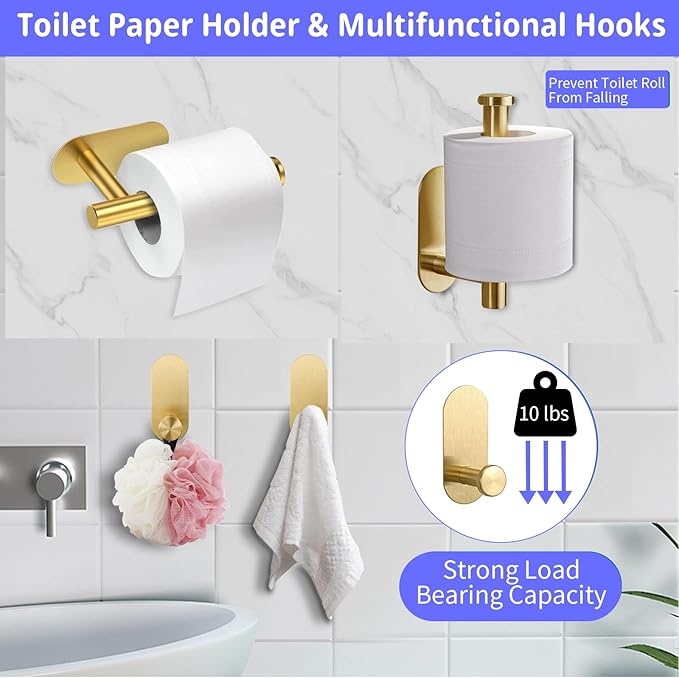 Bathroom Hardware Set, 16" Bathroom Towel Holder with Toilet Paper Holder, Towel Ring, Towel Hook, Bathroom Accessories for Kitchens, Laundry Rooms (10, Gold)