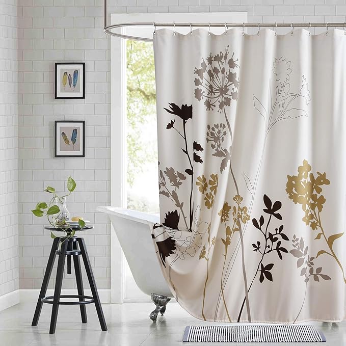 90 Inch Fabric Shower Curtain, Extra Long Beige Brown Grey Floral Plant Shower Curtains for Bathroom, 72" W x 90" H