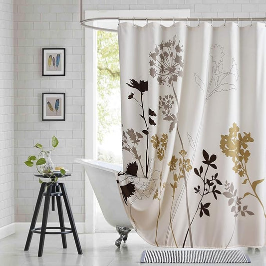 90 Inch Fabric Shower Curtain, Extra Long Beige Brown Grey Floral Plant Shower Curtains for Bathroom, 72" W x 90" H