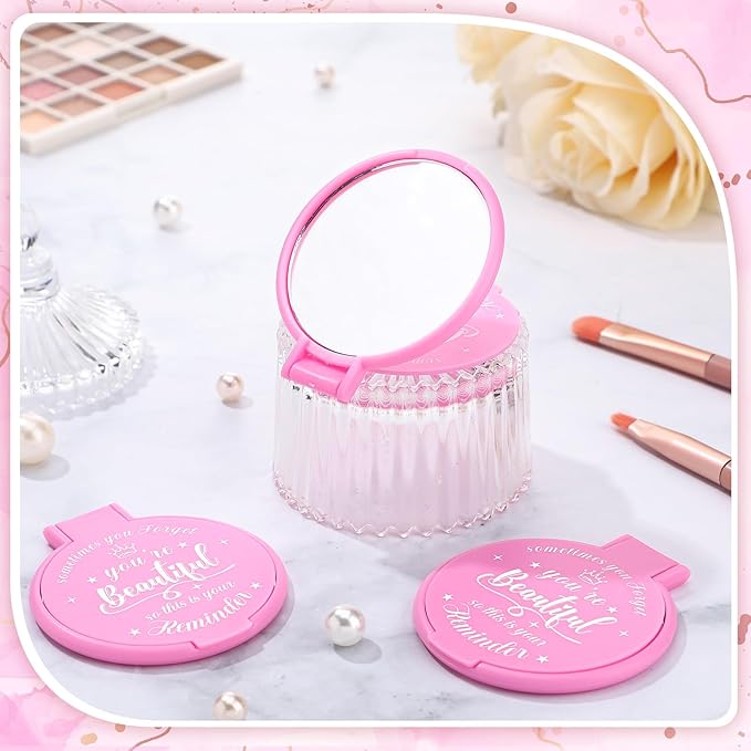 36 Pcs 2.76 Inch Inspirational Compact Mirror Bulk Women Small Gifts Graduation Party Favors Purse Mirror Pocket Mini Stuffer Items for Adult Coworker Cheerleader Employee (Pink)