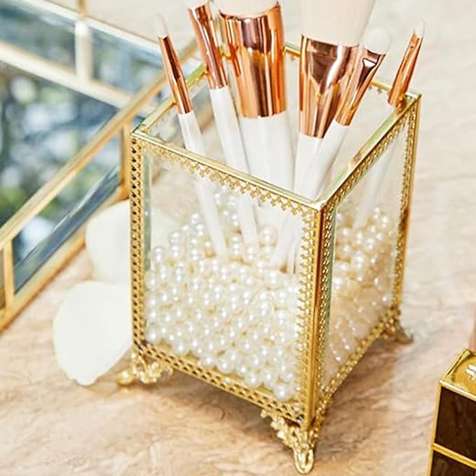 PuTwo Vintage Makeup Brush Holder Glass and Brass Organizer Handmade Cosmetic Brush Storage with White Pearls for Dresser Vanity Countertop - Gold
