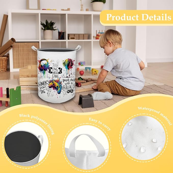 Watercolor Gamer Laundry Basket, Toybox for Boys Room, Game Lovers Laundry Basket Hamper Waterproof Collapsible Clothes Toys Storage Bin Organizer for Bedroom Bathroom Boys Gamer Room