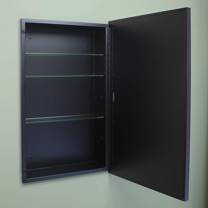 Fox Hollow Furnishings 16x26 Parker Metro Metal Framed Rectangle Recessed Bathroom Medicine Cabinet, Floating Mirror, 14x24 in-Wall Opening, Steel, Adjustable Glass Shelves, Magnet Close, Black