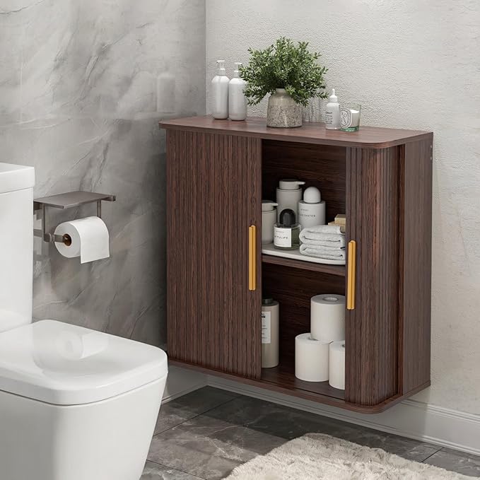 Furnaza Bathroom Wall Cabinet with Fluted Sliding Door, 29.5" W Medicine Cabinet with Adjustable Shelf, Wall Mounted Storage Cabinet for Laundry Room Kitchen, 11.7" D x 29.5" W x 27.68" H