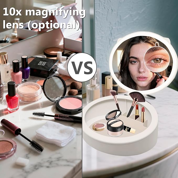 LED Mskeup Mirror with Storage, 4K high-Definition Touch Screen Travel Vanity Mirror with 3 Types of Lights, USB Charging, Magnetic 3-inch 10x Magnifying Glass (Pink)