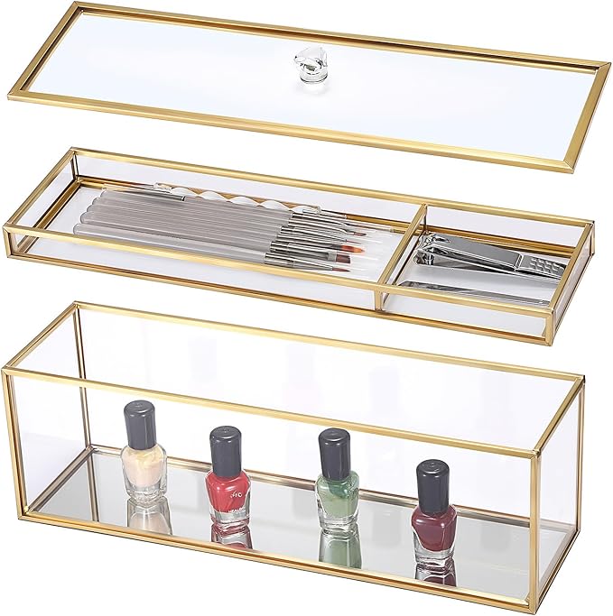 JUXYES Glass Nail Polish Set Storage Box with Tray and Lid, Double Tiers Personal Storage Box Organizer with Mirrored Bottom for Nail Polish Tweezer Manicure Tools Nail Art Accessories Tools Supplies