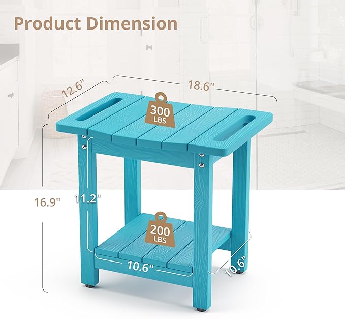 LUE BONA HDPS Shower Bench Seat, Sky Blue Shower Benches for Inside Shower with Shelf, Waterproof Shower Chair Foot Stool for Spa Bathroom, Weather Resistant/Non-Slip/Handles/Indoor or Outdoor Use