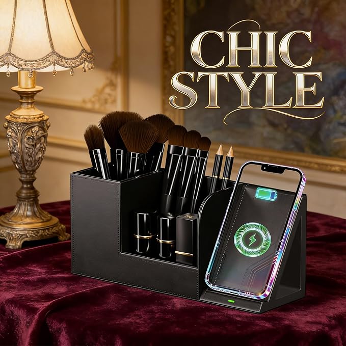 LADSTAG Makeup Brush Holder Organizer, Leather Makeup Brush Cup with Phone Charging Stand for Cosmetics, Nail Polish, Lipstick & Art Supplies ?€? Vanity Desktop Bathroom Organizer
