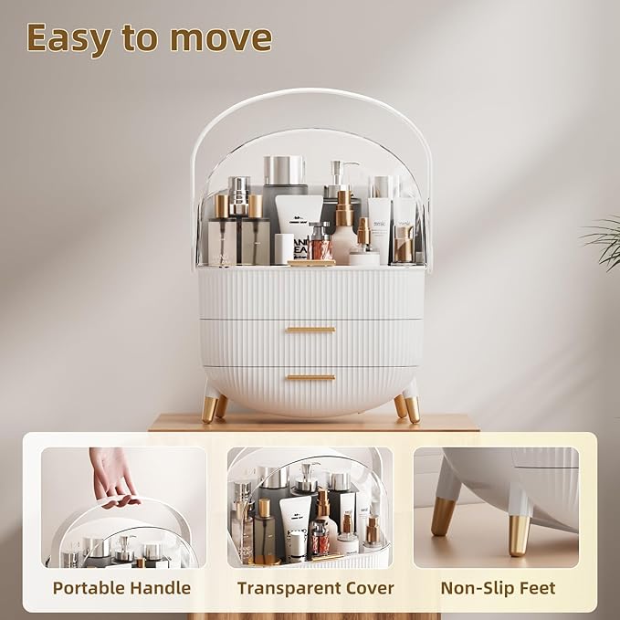 fanado Makeup Organizers Countertop, Makeup organization for Vanity, Cosmetic Storage with Lid and Drawers, Skincare Display Cases with for Desktop, Bathroom (White)