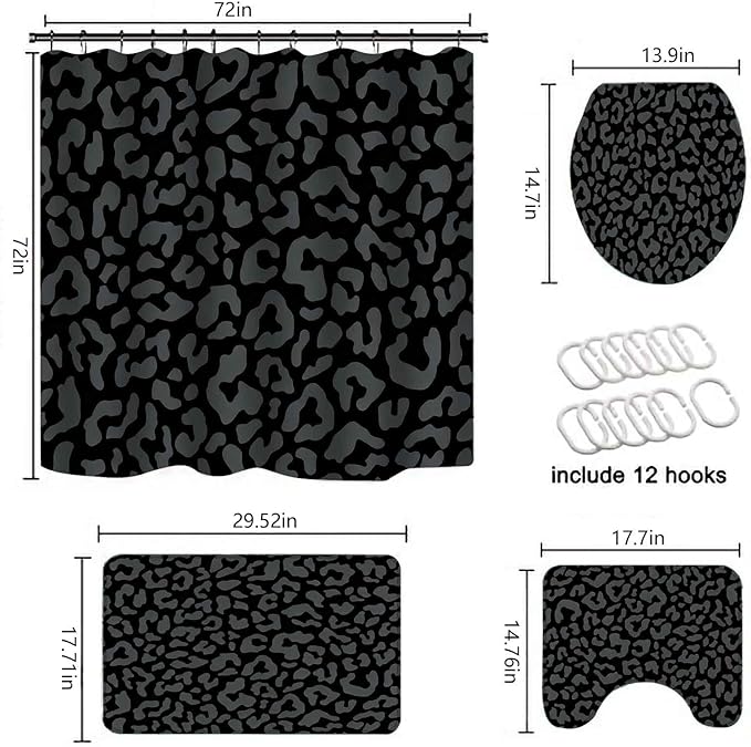 TOMWISH 4 Pcs Leopard Shower Curtain,Black Gray Cheetah Print Bathroom Sets Complete,Shower Curtain Toilet Lid Cover and Bath Mat Bathroom Decor Sets,juego de baños de Set Bath Accessories with Hooks