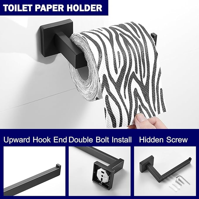 Bathroom Hardware Set Matte Black 23.6-Inch Towel Bar,2pcs Towel Hook,Toilet Paper Holder,Hand Towel Holder Stainless Steel Bathroom Accessories GTS3190B…