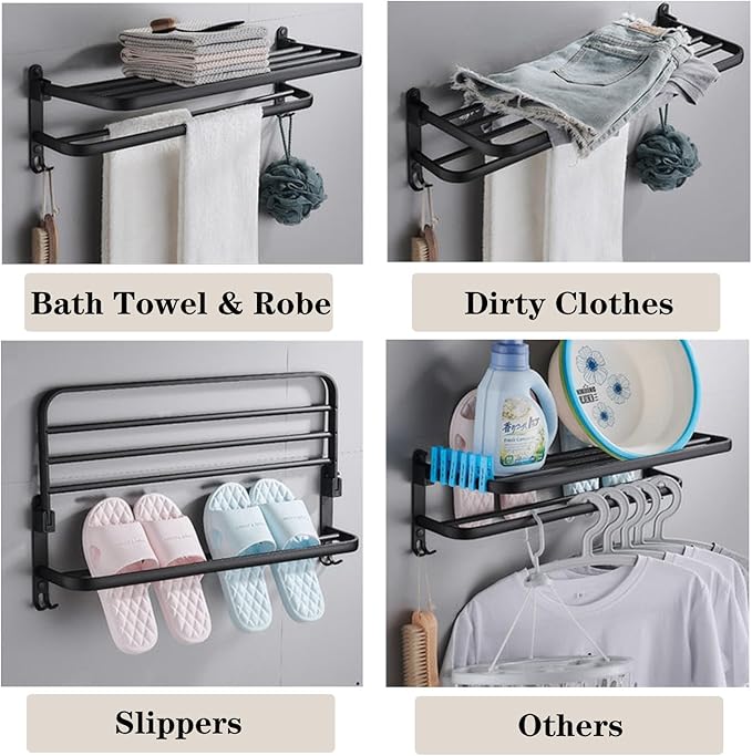 Towel Rack for Bathroom, Bath Towel Holder with Double Towel Bar and Foldable Towel Shelf, Rustproof Towel Organizer Wall Mounted Towel Storage Hanger for Bath/Balcony/Lavatory(24In Black)