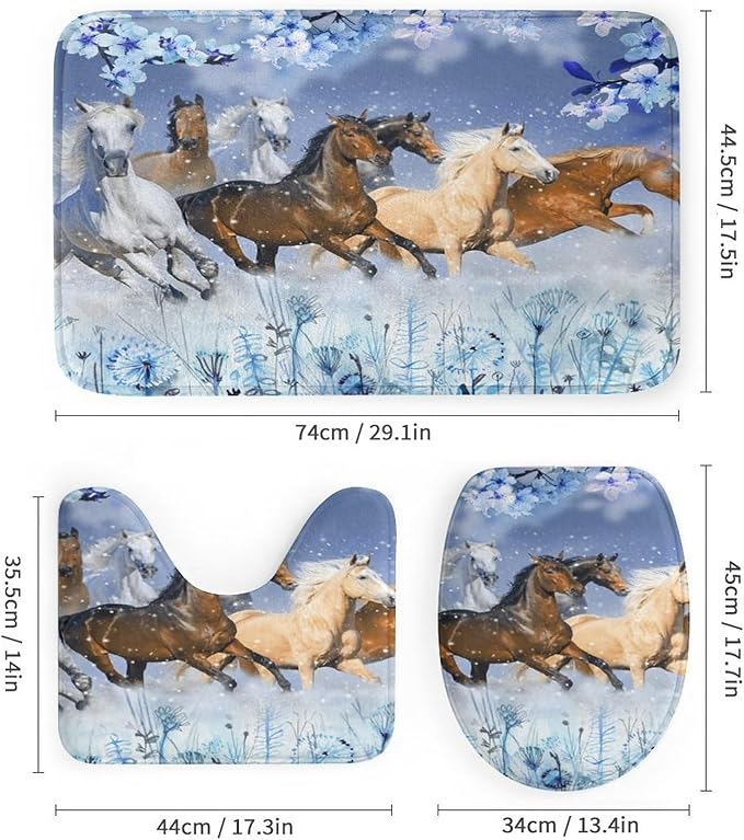 Beautiful Horses 4 Pcs Waterproof Shower Curtain Set,Realistic Modern Winter Forest Farm Animal Horse Blue Flowers with Waterproof Toilet Cover Shower Mat Rugs