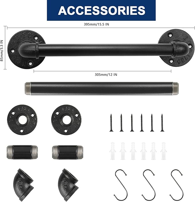 NearMoon Industrial Pipe Towel Bar, Heavy Duty Bathroom Hardware Towel Holder Accessory, Wall Mounted DIY Rustic Iron Bathroom Towel Rack Holder (12 Inch, Black)