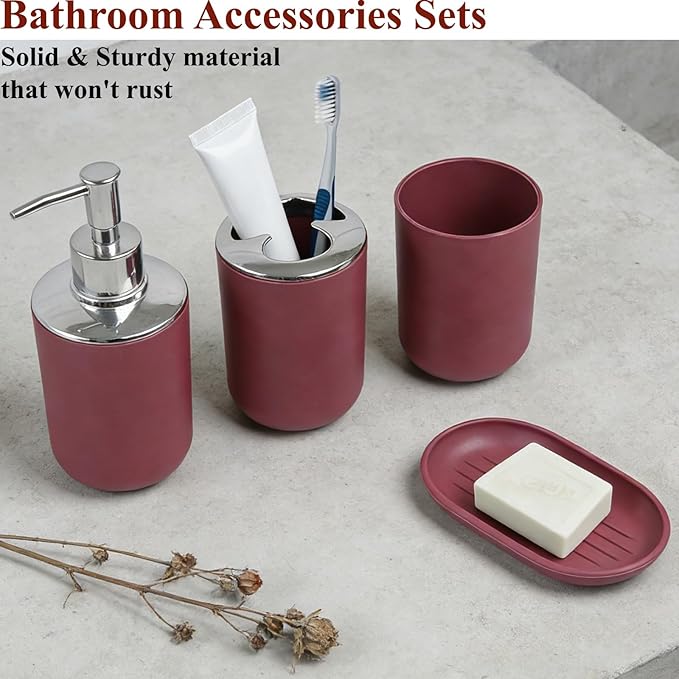 Red Bathroom Accessories Set, 4 Piece Plastic Bathroom Toothbrush Holder Set, Include Soap Dispenser, Toothbrush Holder, Rinse Cup, Soap Dish, Boho Burgundy Bathroom Decor for Home, Bathroom Set
